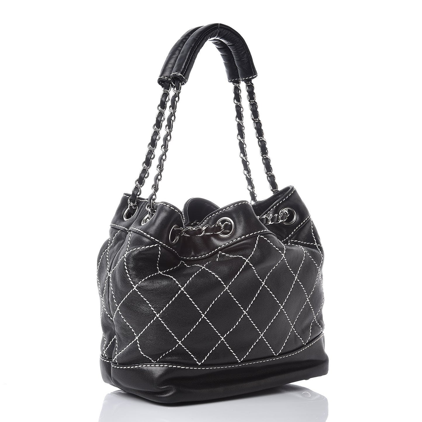 Lambskin Contrast Stitch Small Drawstring Tote Black