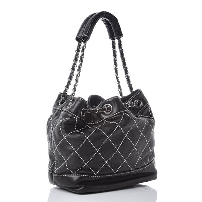 Chanel Lambskin Contrast Stitch Small Drawstring Tote Black 3 of 14