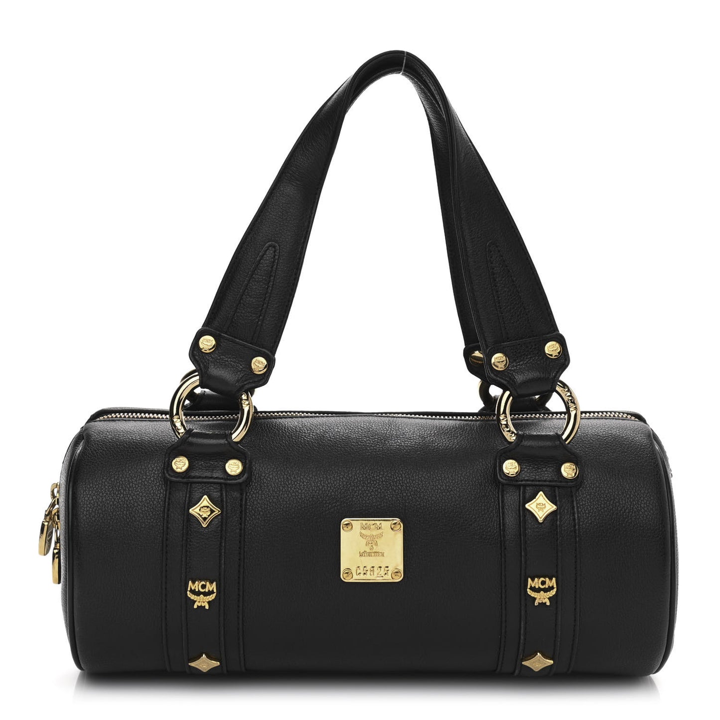 Grained Calfskin Studded Heritage Barrel Bag Black