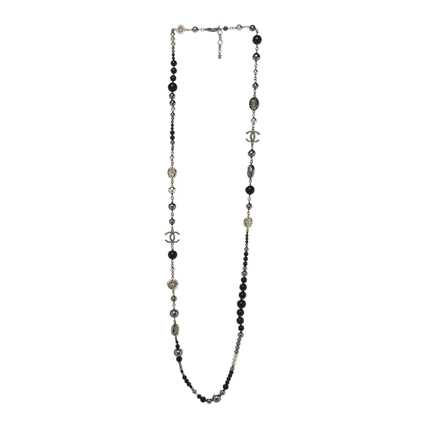 Pearl Crystal Beaded CC Long Necklace Black Silver