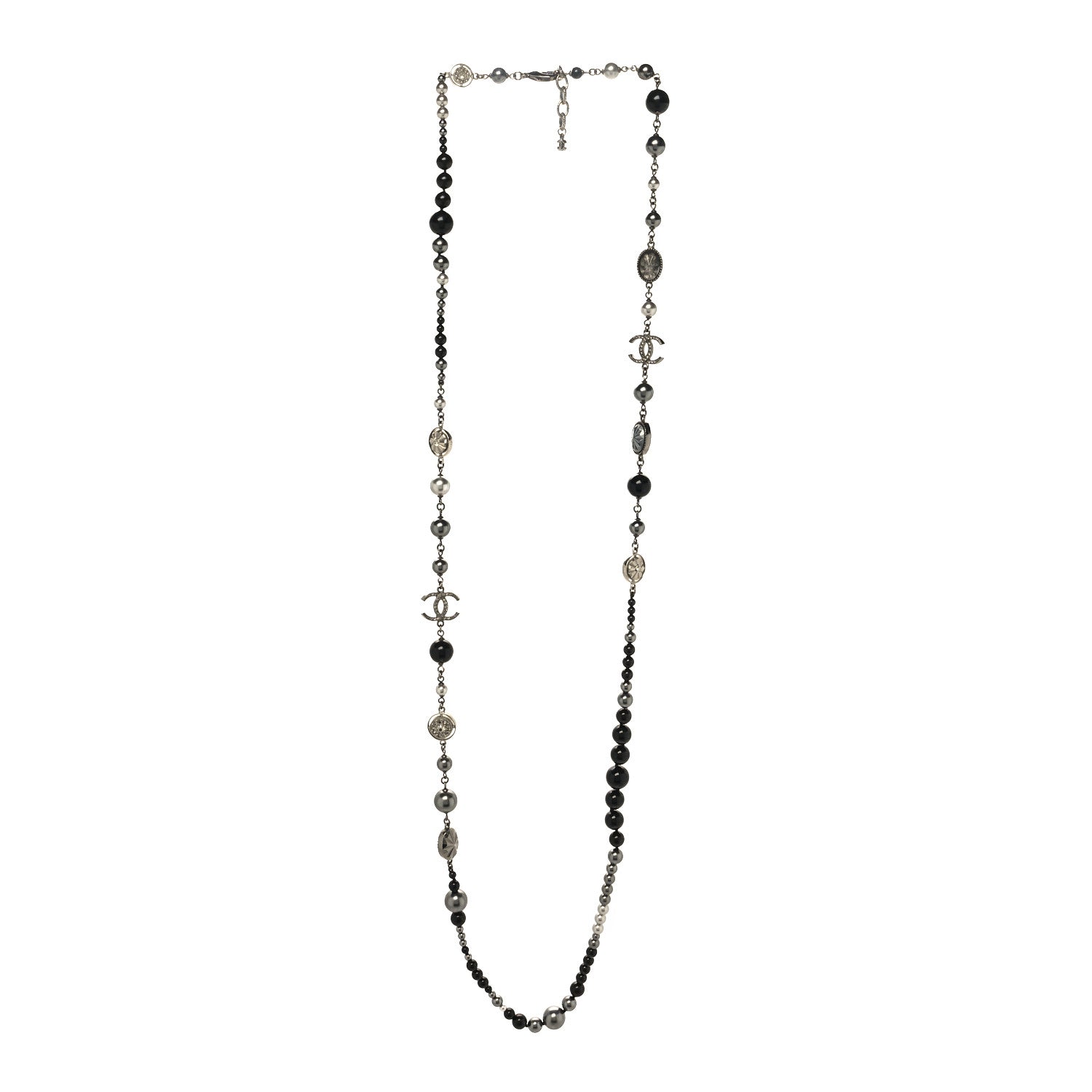 Chanel Pearl Crystal Beaded CC Long Necklace Black Silver 2 of 5