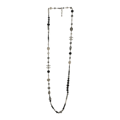 Chanel Pearl Crystal Beaded CC Long Necklace Black Silver 2 of 5