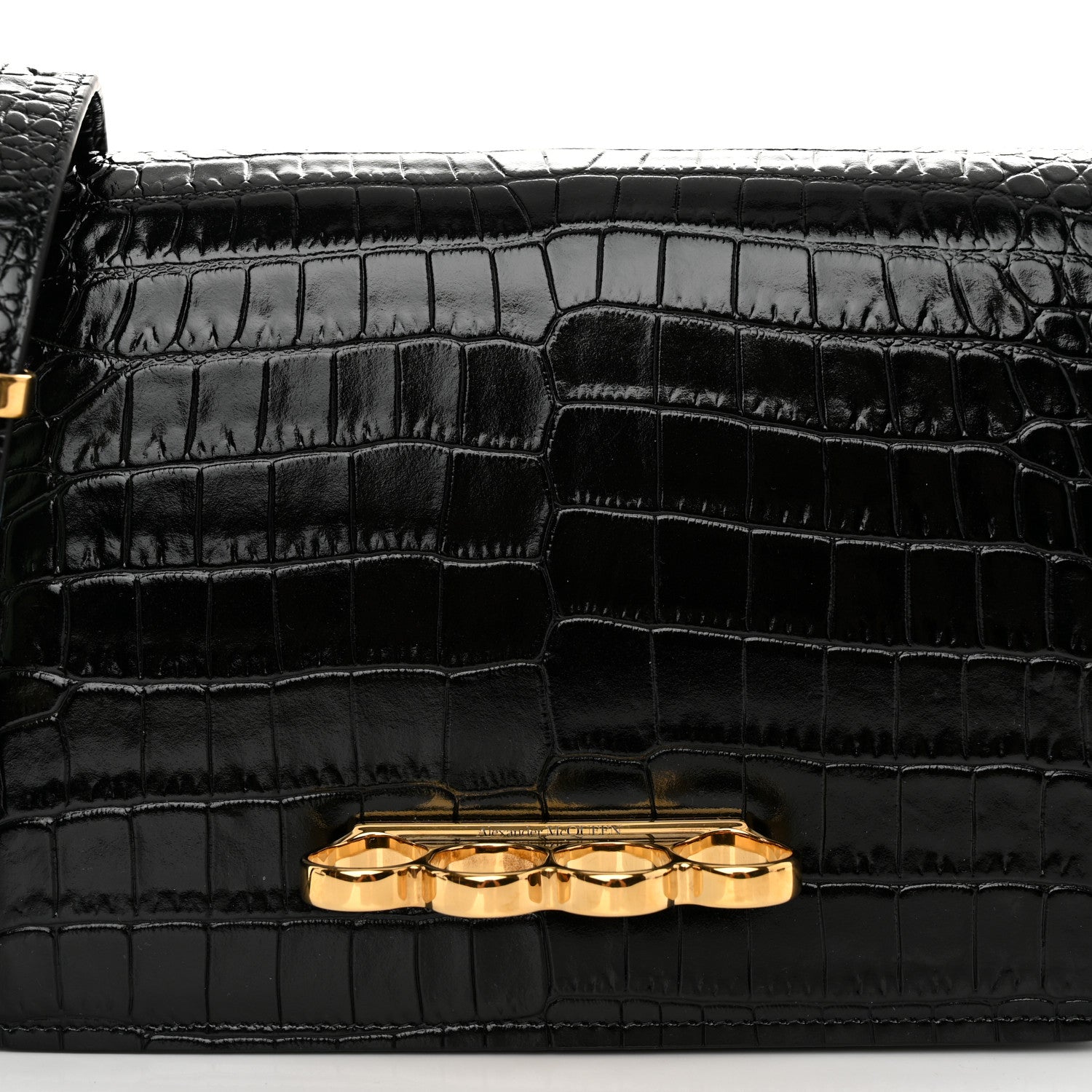 Alexander McQueen ALEXANDER MCQUEEN Calfskin Crocodile Embossed Four Ring Knuckle Crossbody Bag Black 7 of 9