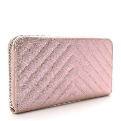 Chanel Metallic Caviar Chevron Quilted Large Gusset Zip Around Wallet Light Gold 3 of 7