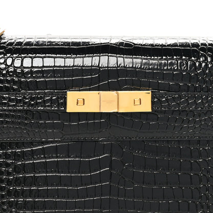Saint Laurent Shiny Calfskin Crocodile Embossed Manhattan Baguette Black 8 of 10