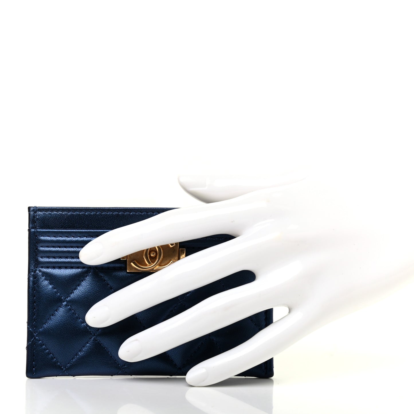 Metallic Lambskin Quilted Boy Card Holder Navy Blue