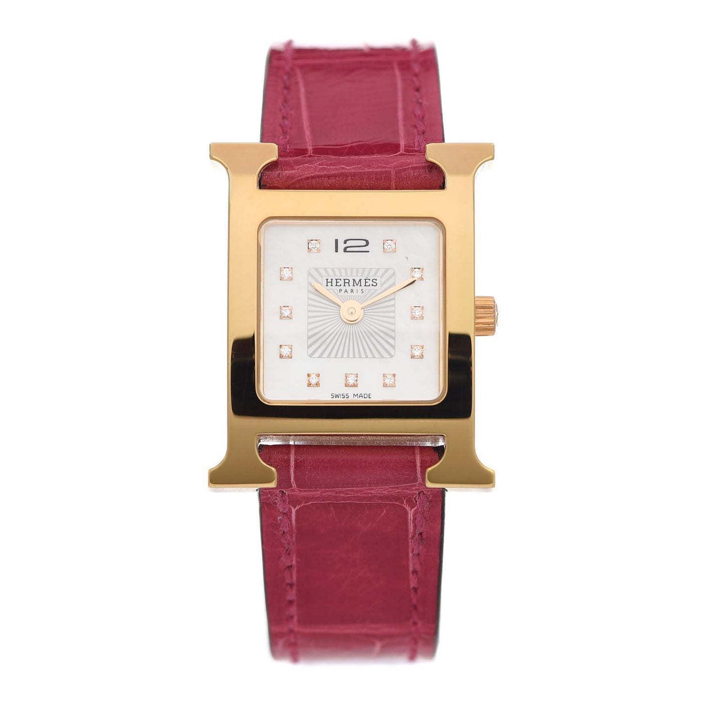 Stainless Steel Alligator Diamond Mother of Pearl 21mm Heure H Hour Quartz Watch Framboise