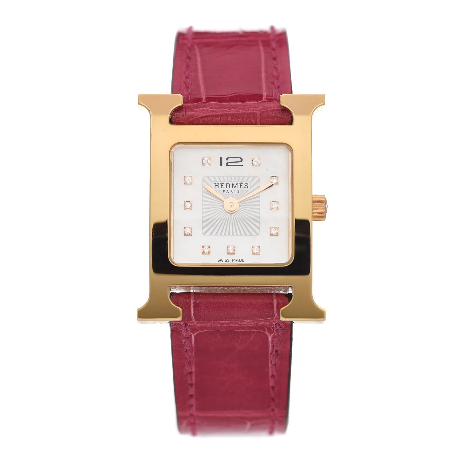 Hermes Stainless Steel Alligator Diamond Mother of Pearl 21mm Heure H Hour Quartz Watch Framboise 1 of 5