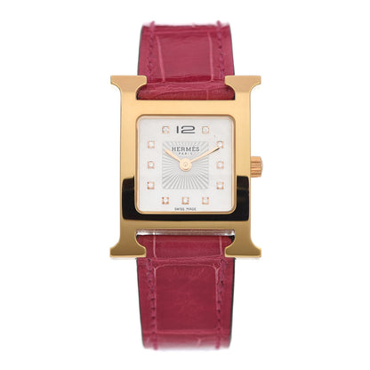 Hermes Stainless Steel Alligator Diamond Mother of Pearl 21mm Heure H Hour Quartz Watch Framboise 1 of 5