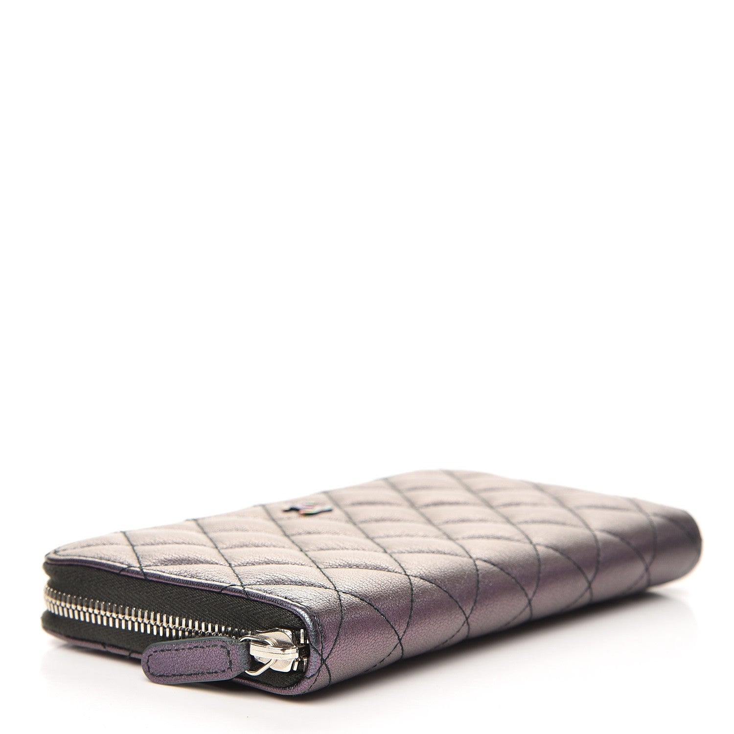 Chanel Iridescent Goatskin Quilted Large Gusset Zip Around Wallet Purple 4 of 10