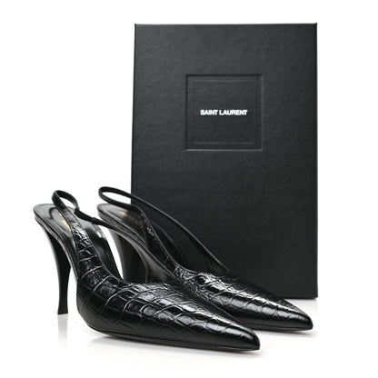 Saint Laurent Calfskin Crocodile Embossed Viper 90 Slingback Pumps 40 Black 8 of 8