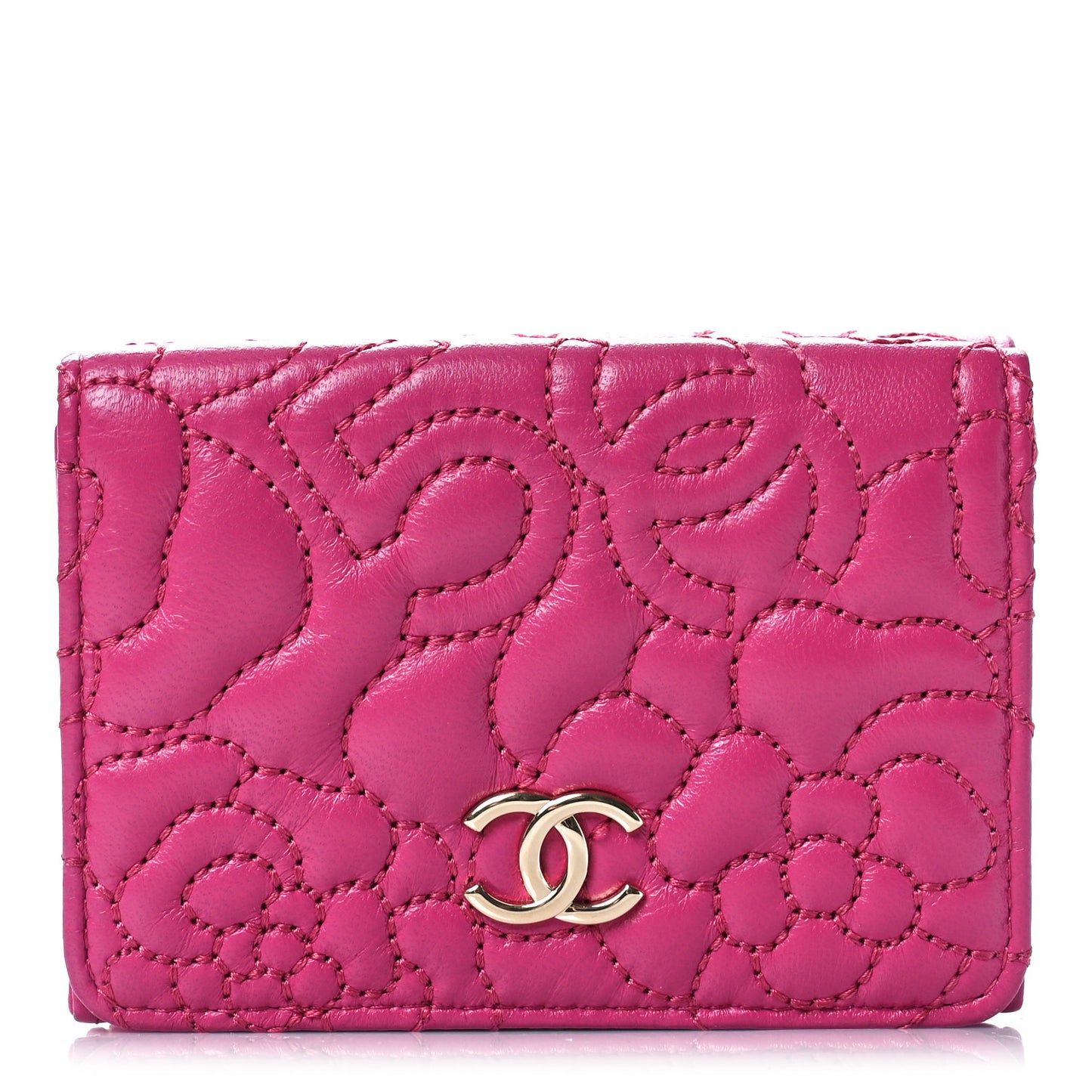 Lambskin Camellia Embossed Compact Wallet Fuchsia