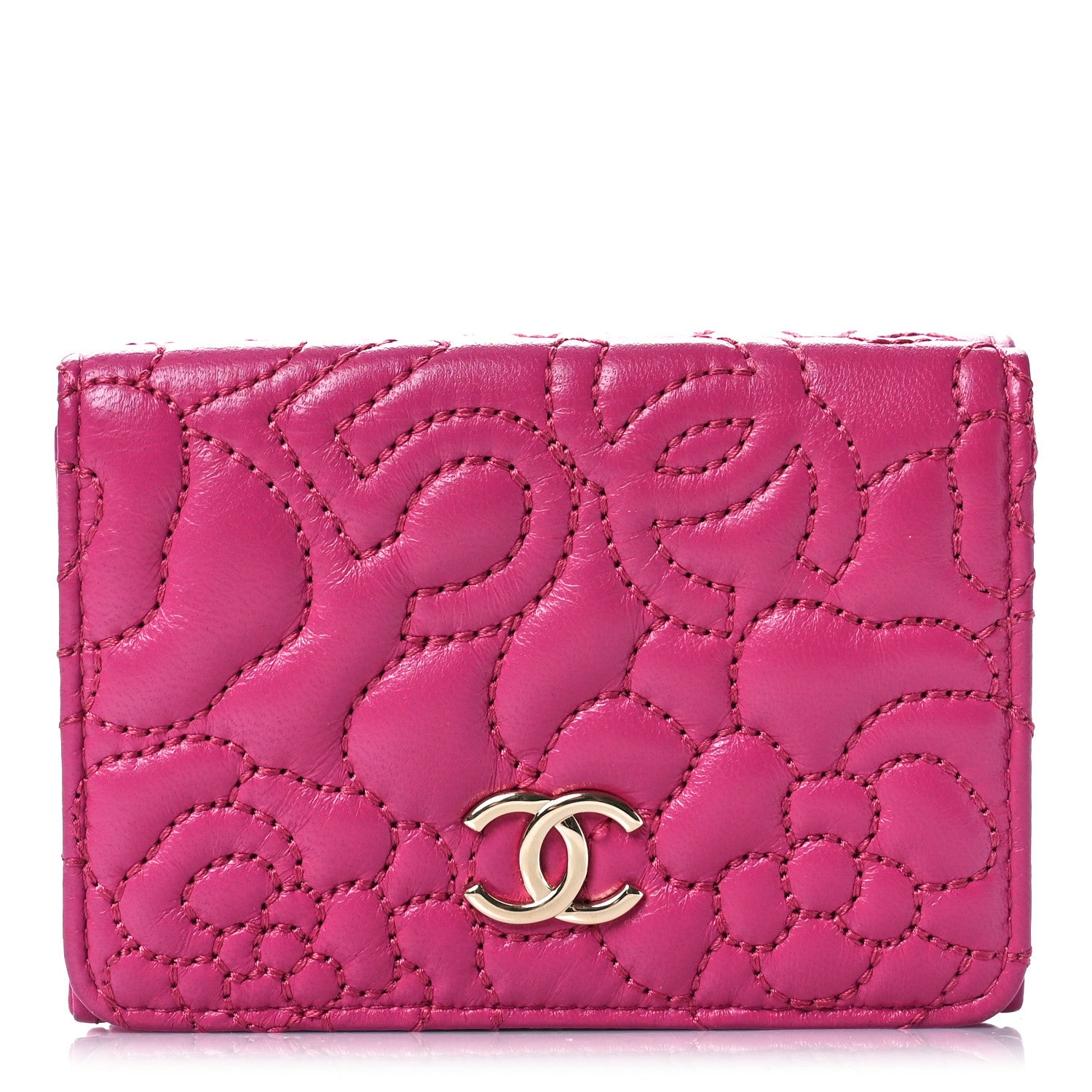 Chanel Lambskin Camellia Embossed Compact Wallet Fuchsia 1 of 10