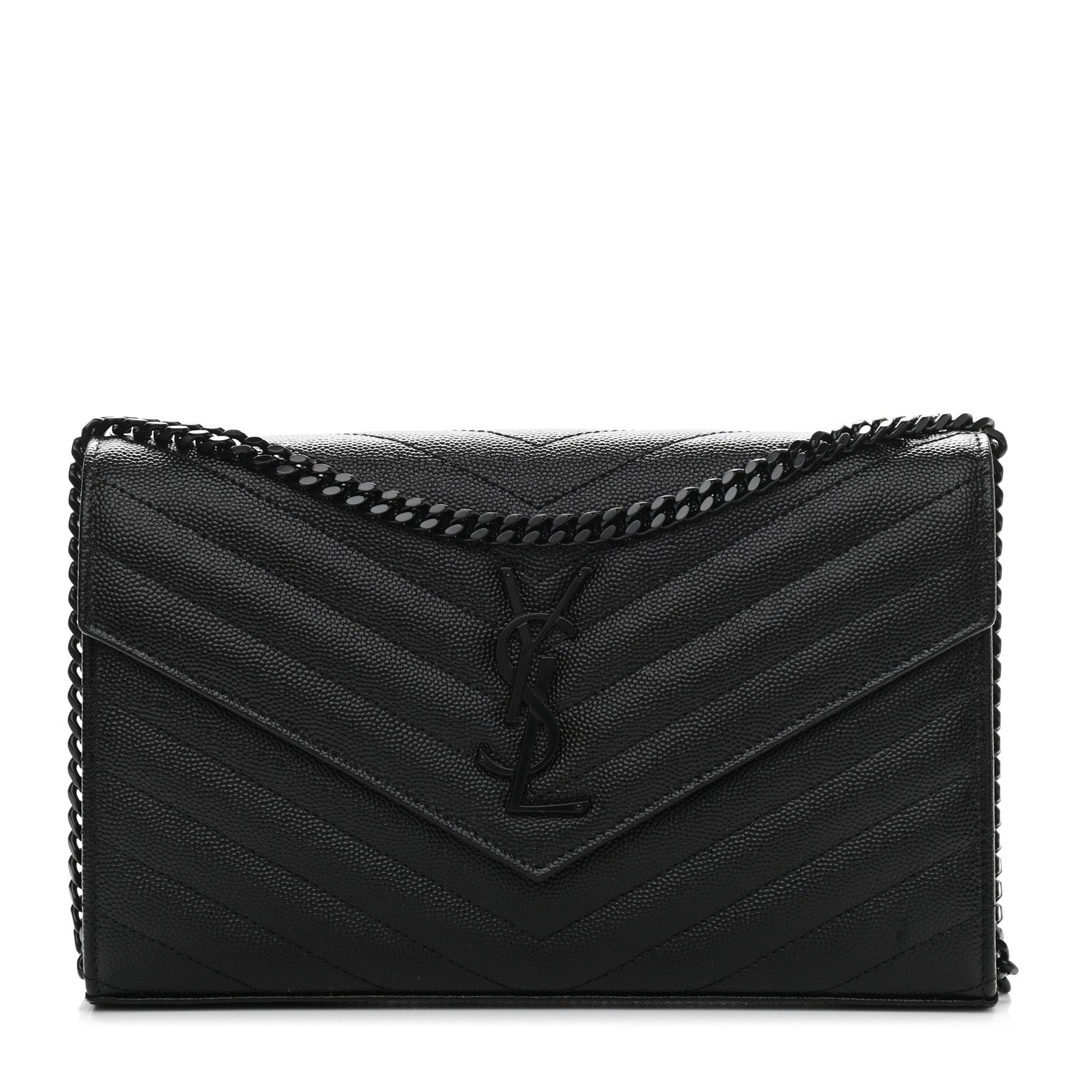 Saint Laurent Grain De Poudre Matelasse Chevron Monogram Chain Wallet Black 1 of 9