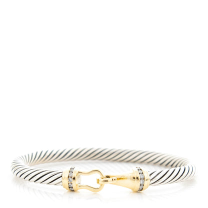David Yurman Sterling Silver 18K Yellow Gold Pave Diamond 5mm Cable Buckle Bracelet 1 of 6