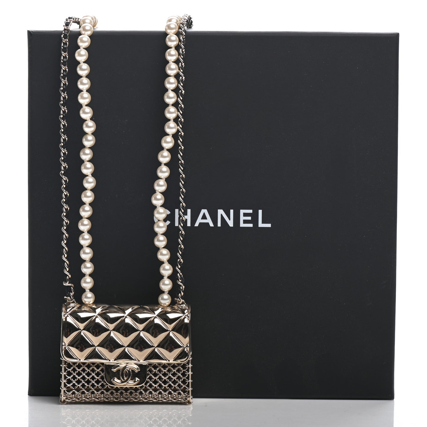 Metal Lambskin Pearl Chain Flap Bag Long Necklace Gold Black Pearly White