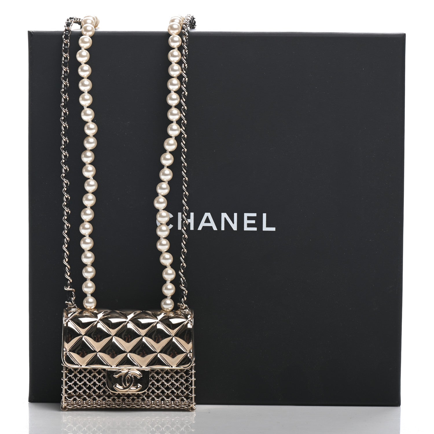 Chanel Metal Lambskin Pearl Chain Flap Bag Long Necklace Gold Black Pearly White 5 of 5