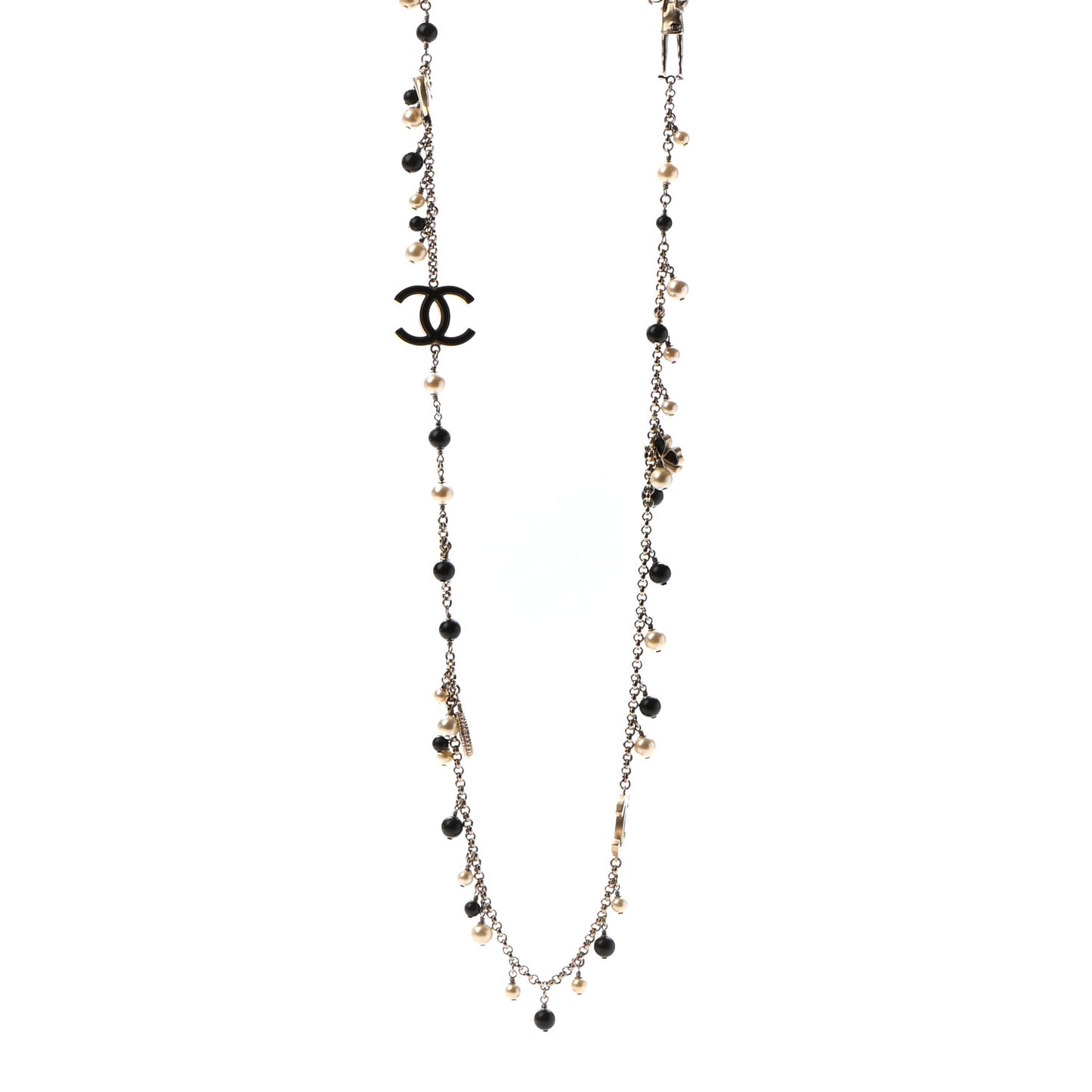 Pearl Beaded Enamel CC Coco Long Necklace Black Gold