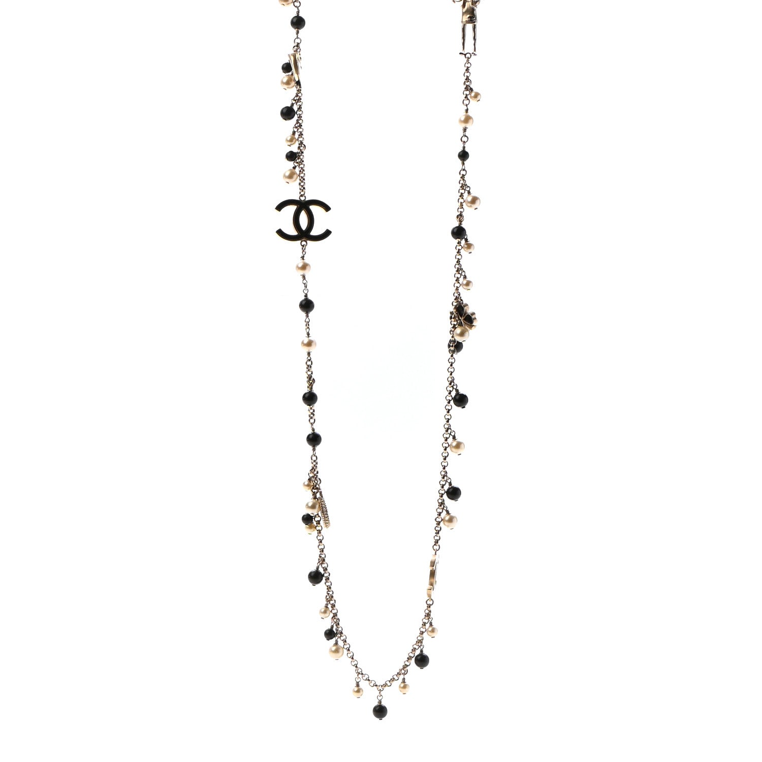 Chanel Pearl Beaded Enamel CC Coco Long Necklace Black Gold 1 of 5
