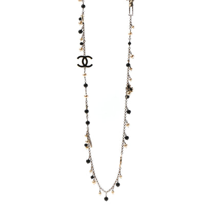 Chanel Pearl Beaded Enamel CC Coco Long Necklace Black Gold 1 of 5