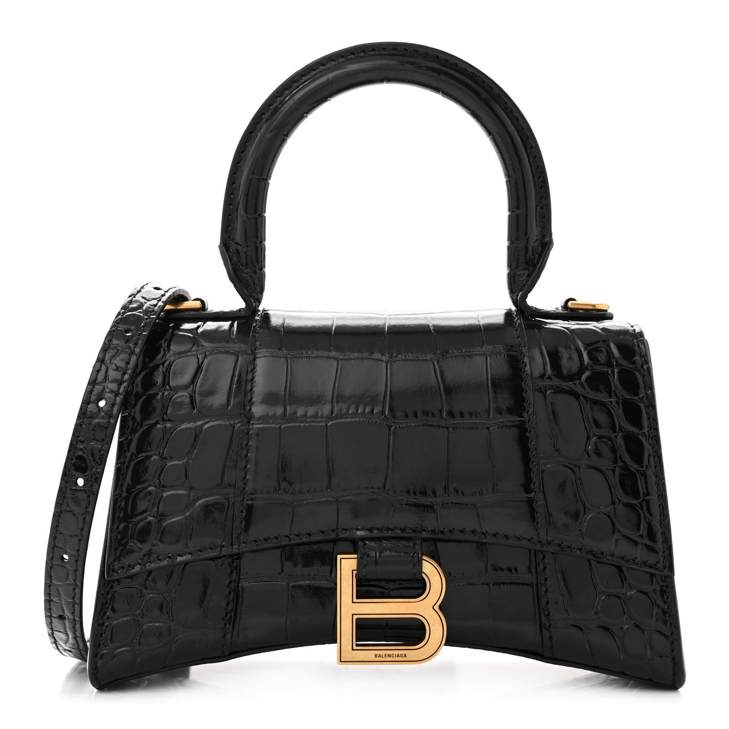 Shiny Calfskin Crocodile Embossed Hourglass Top Handle Bag XS Black