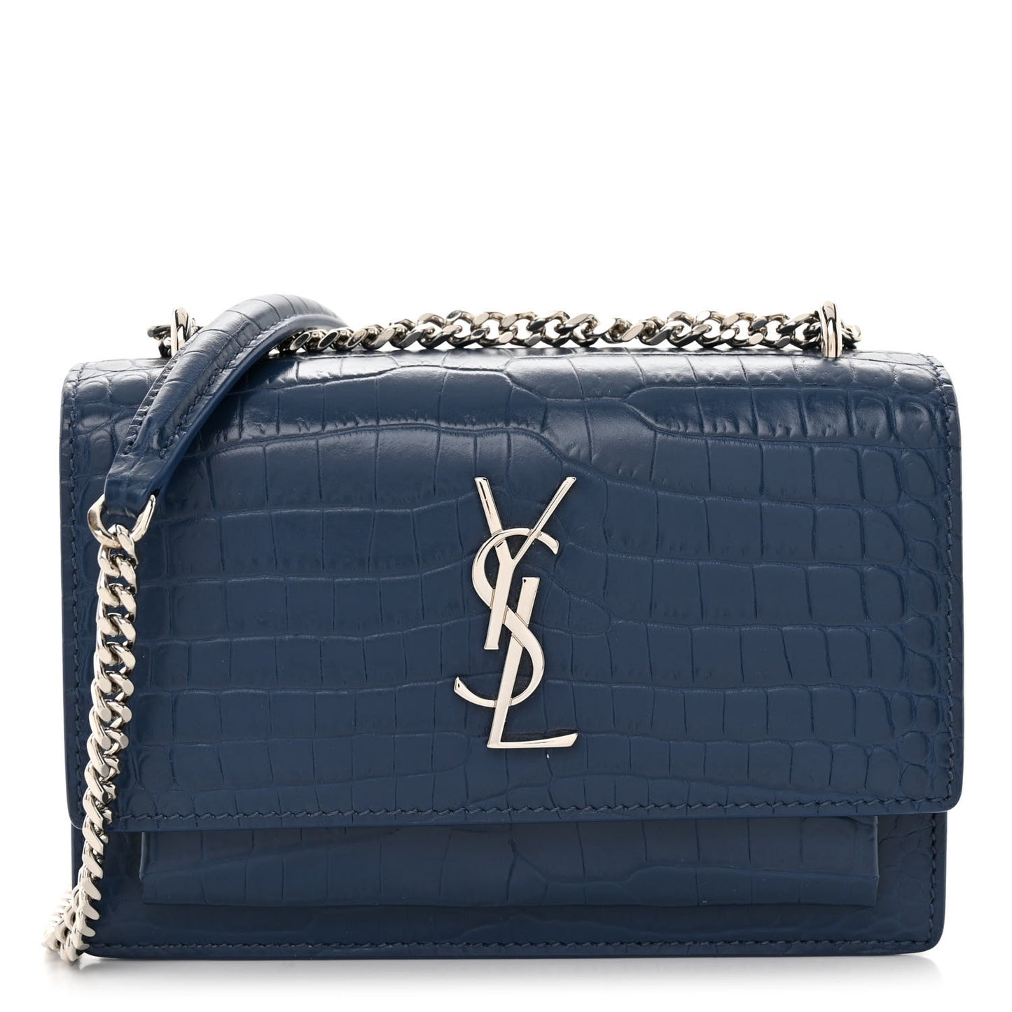 Calfskin Crocodile Embossed Monogram Sunset Chain Wallet Denim