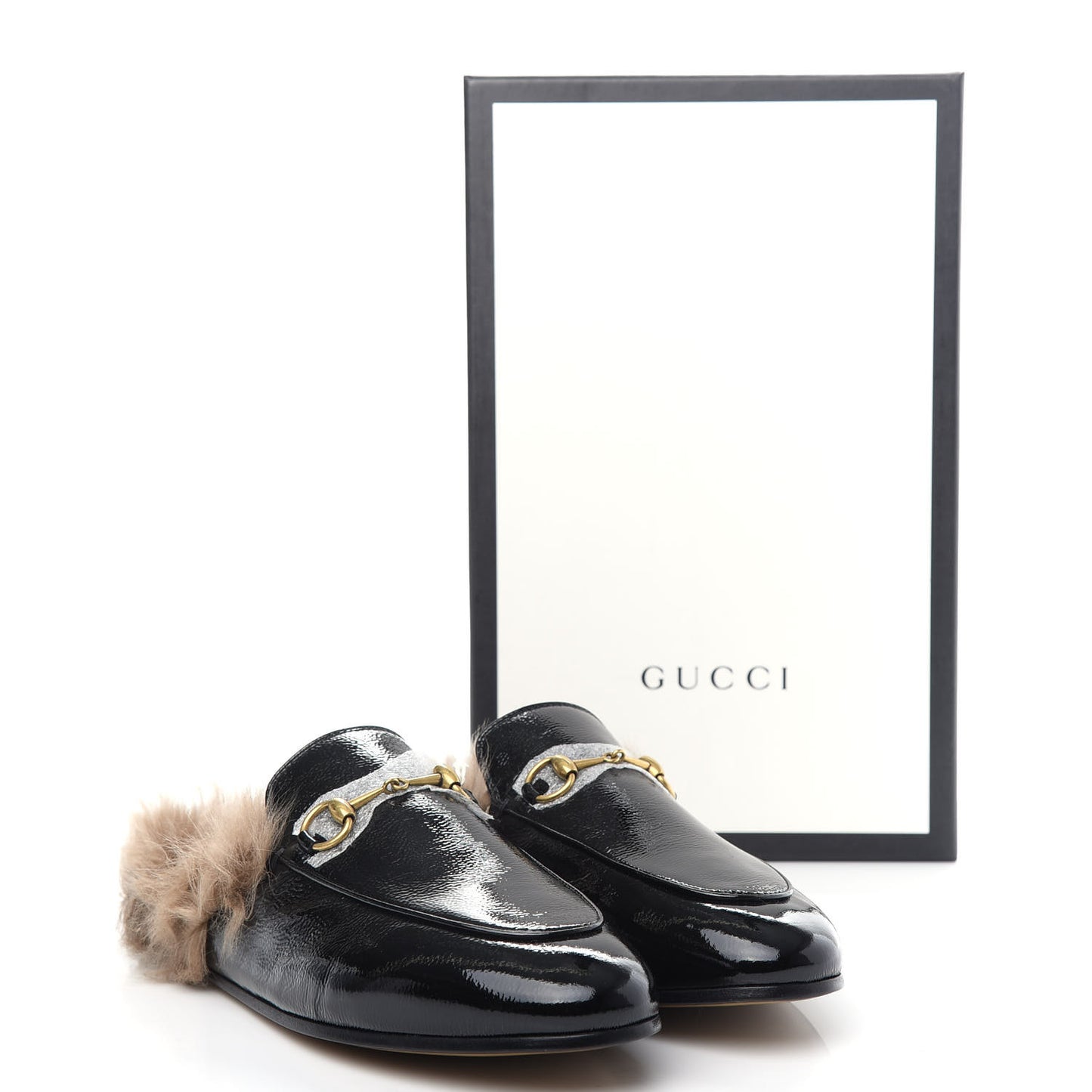 Patent Fur Womens Princetown Slippers 39 Black Natural