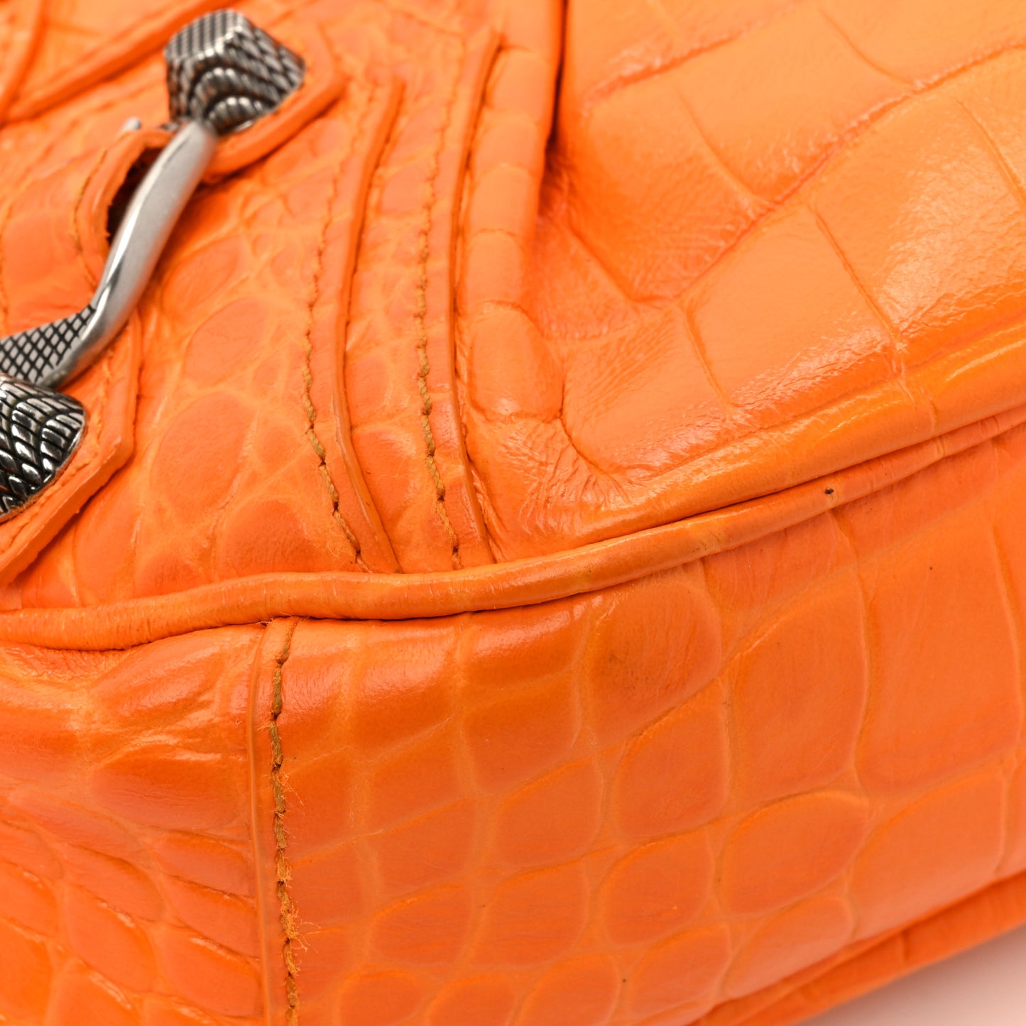 Extra Supple Calfskin Crocodile Embossed Le Cagole Shoulder Bag XS Pop Orange