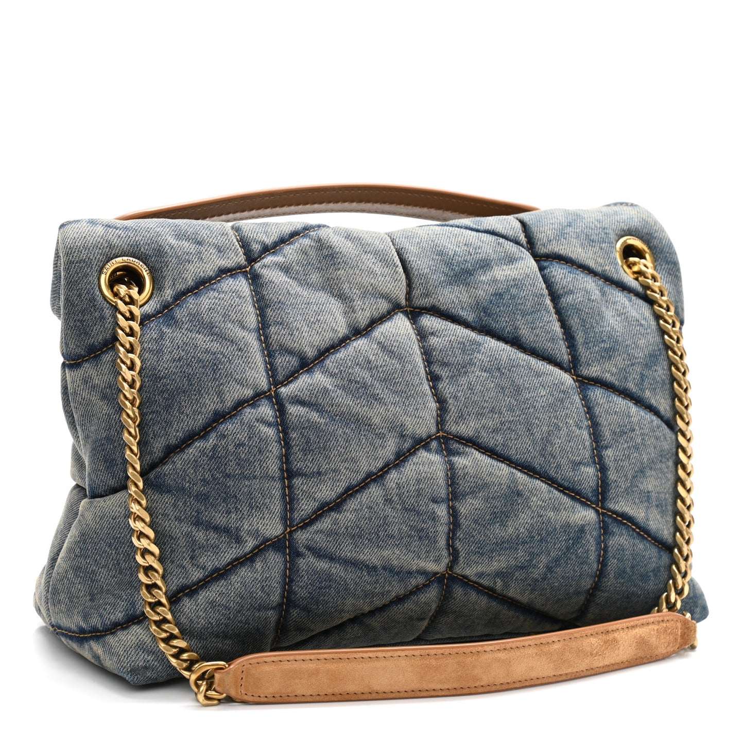 Denim Quilted Small Loulou Puffer Monogram Chain Satchel Blue Cinnamon