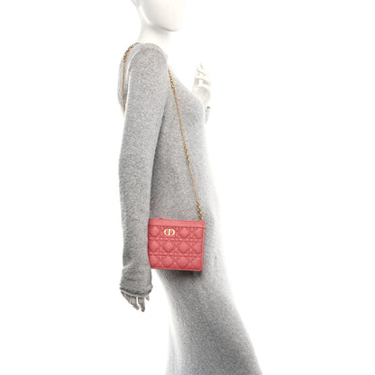 Christian Dior Calfskin Cannage Caro Zipped Pouch With Chain Coral Powder 2 of 10