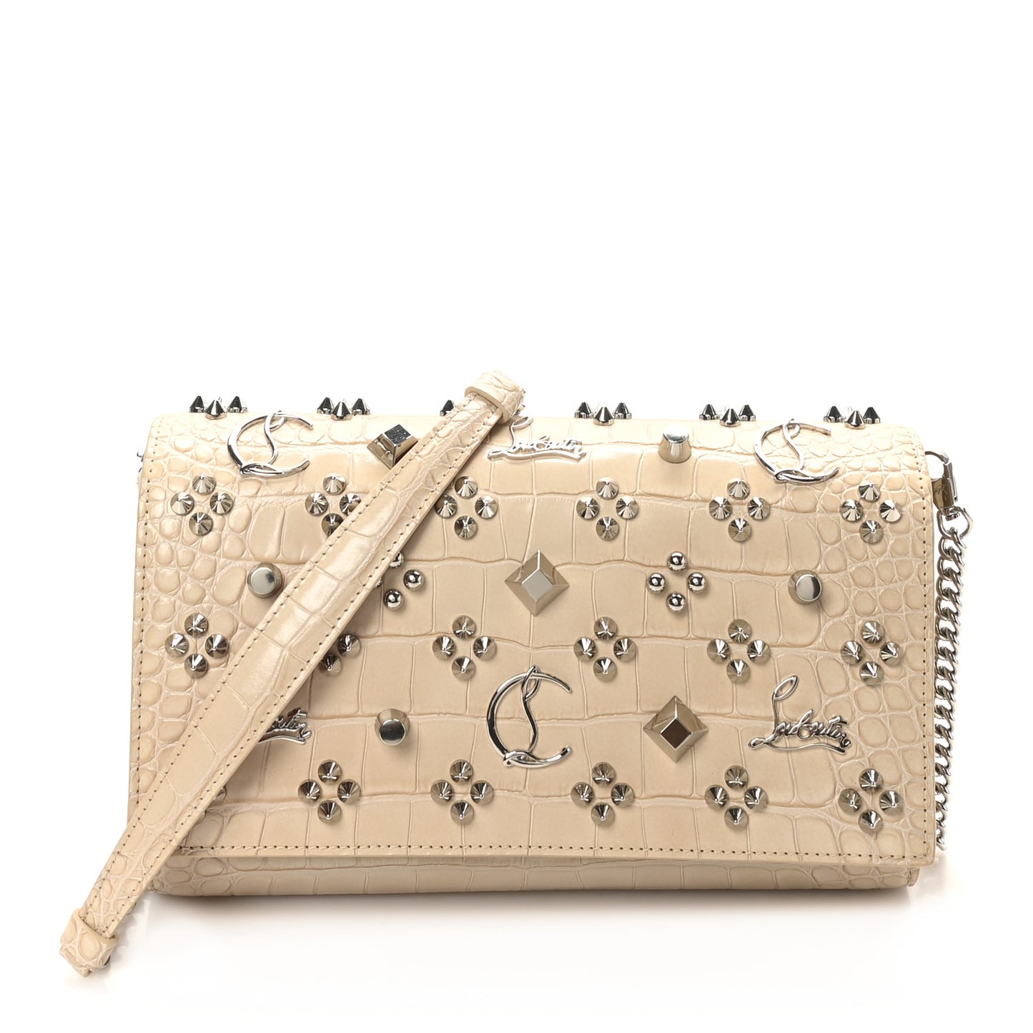 Calfskin Crocodile Embossed Spikes Loubinthesky Paloma Clutch Nougat