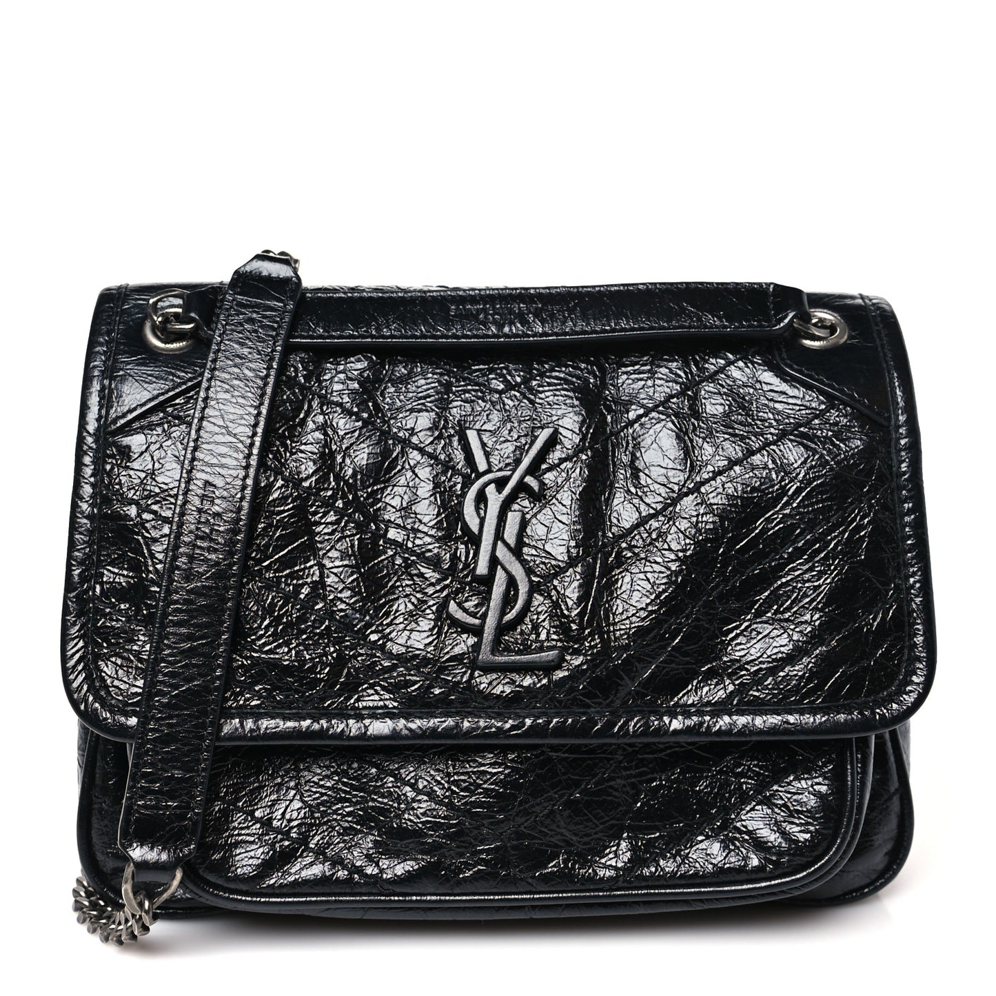 Crinkled Calfskin Matelasse Monogram Baby Niki Chain Satchel Black