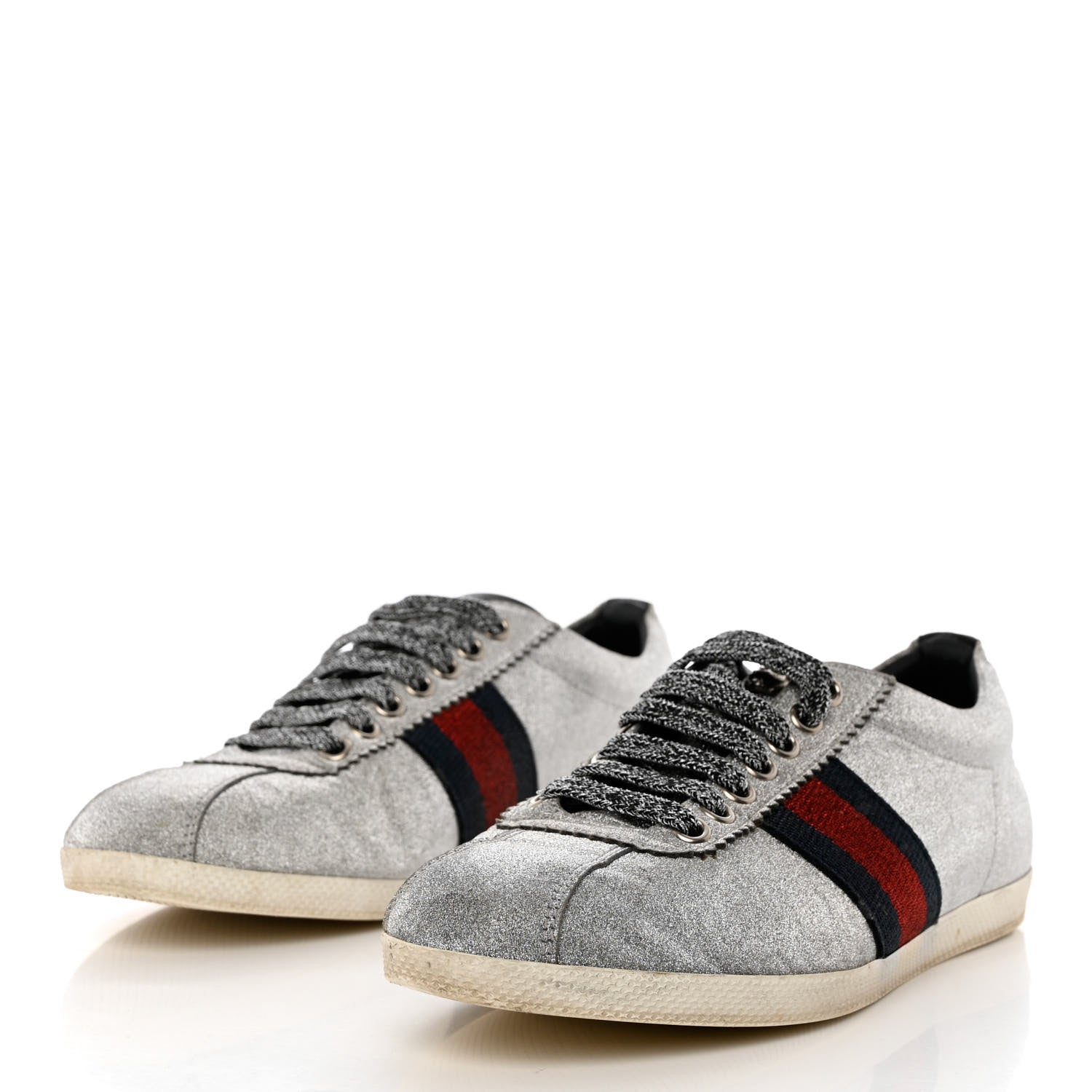 Gucci Glitter Fabric Studded Web Womens Sneakers 37.5 Silver 3 of 11
