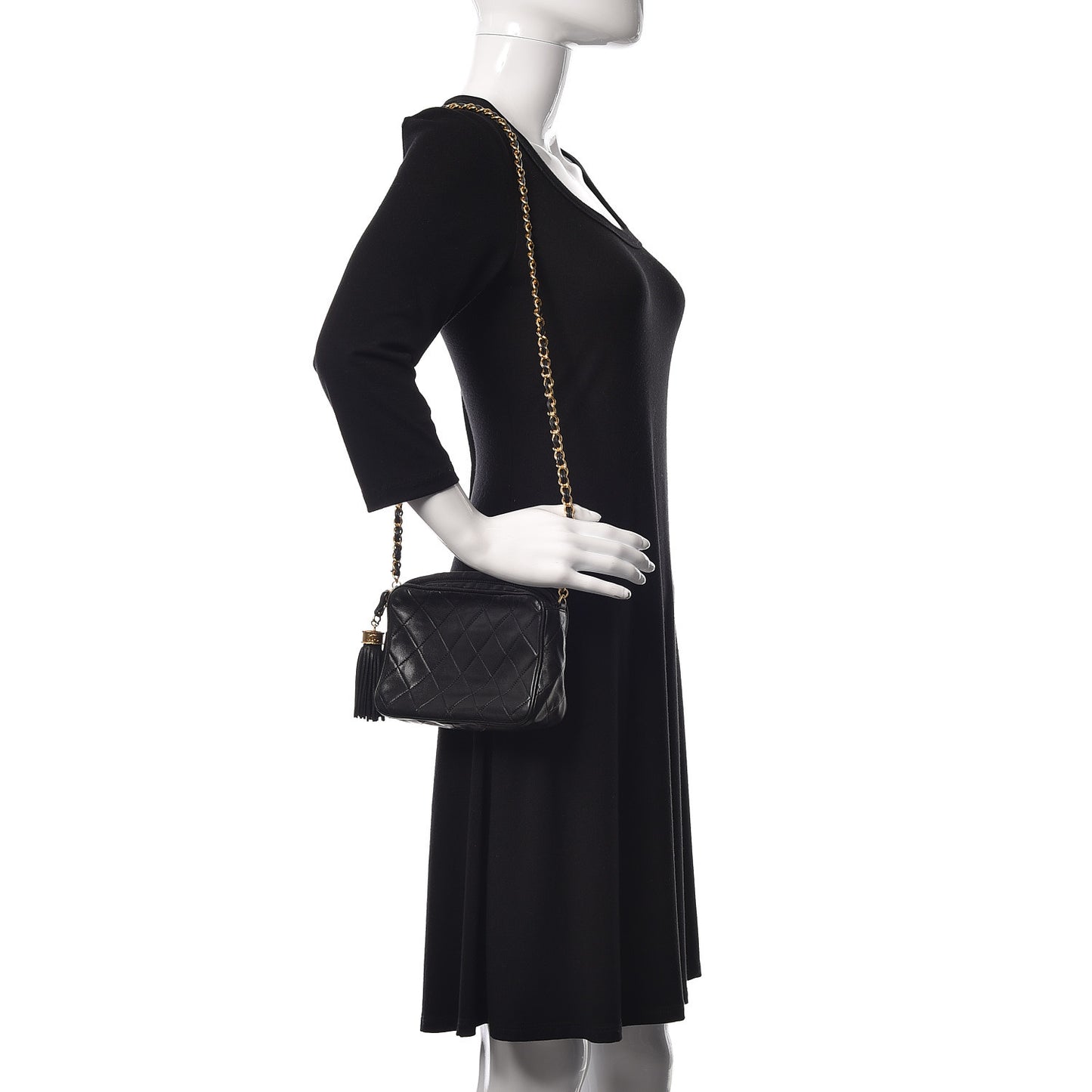 Lambskin Quilted Tassel Camera Case Pouch Black