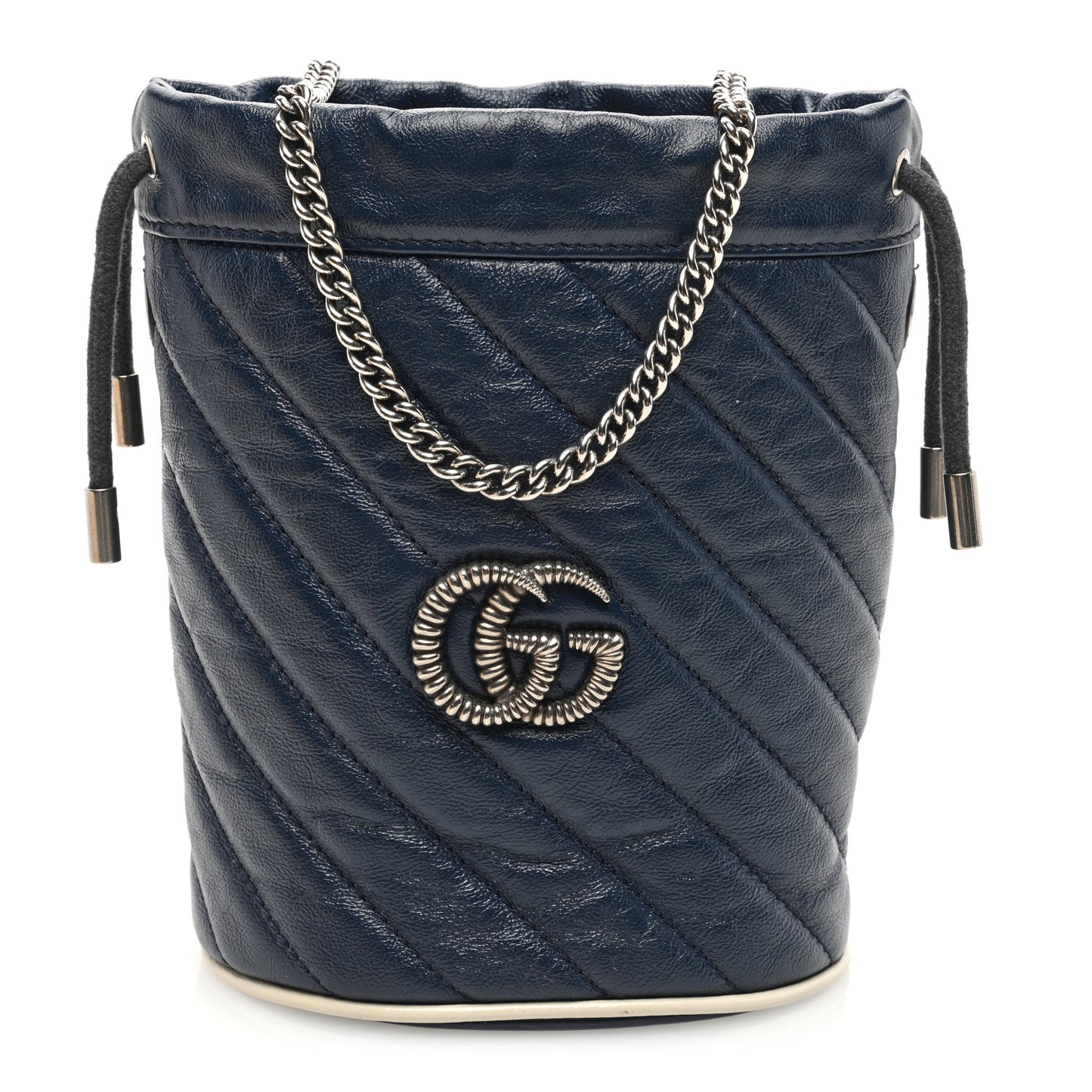 Vintage Effect Calfskin Matelasse Diagonal Mini Torchon GG Marmont 2.0 Bucket Bag Blue Agata Mystic White