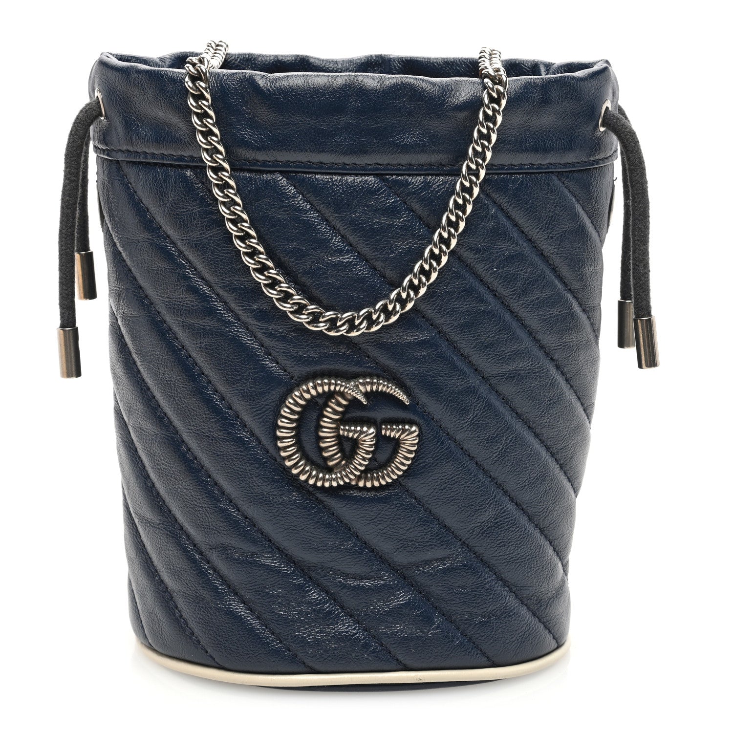 Gucci Vintage Effect Calfskin Matelasse Diagonal Mini Torchon GG Marmont 2.0 Bucket Bag Blue Agata Mystic White 1 of 9