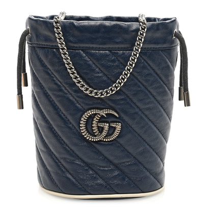 Gucci Vintage Effect Calfskin Matelasse Diagonal Mini Torchon GG Marmont 2.0 Bucket Bag Blue Agata Mystic White 1 of 9