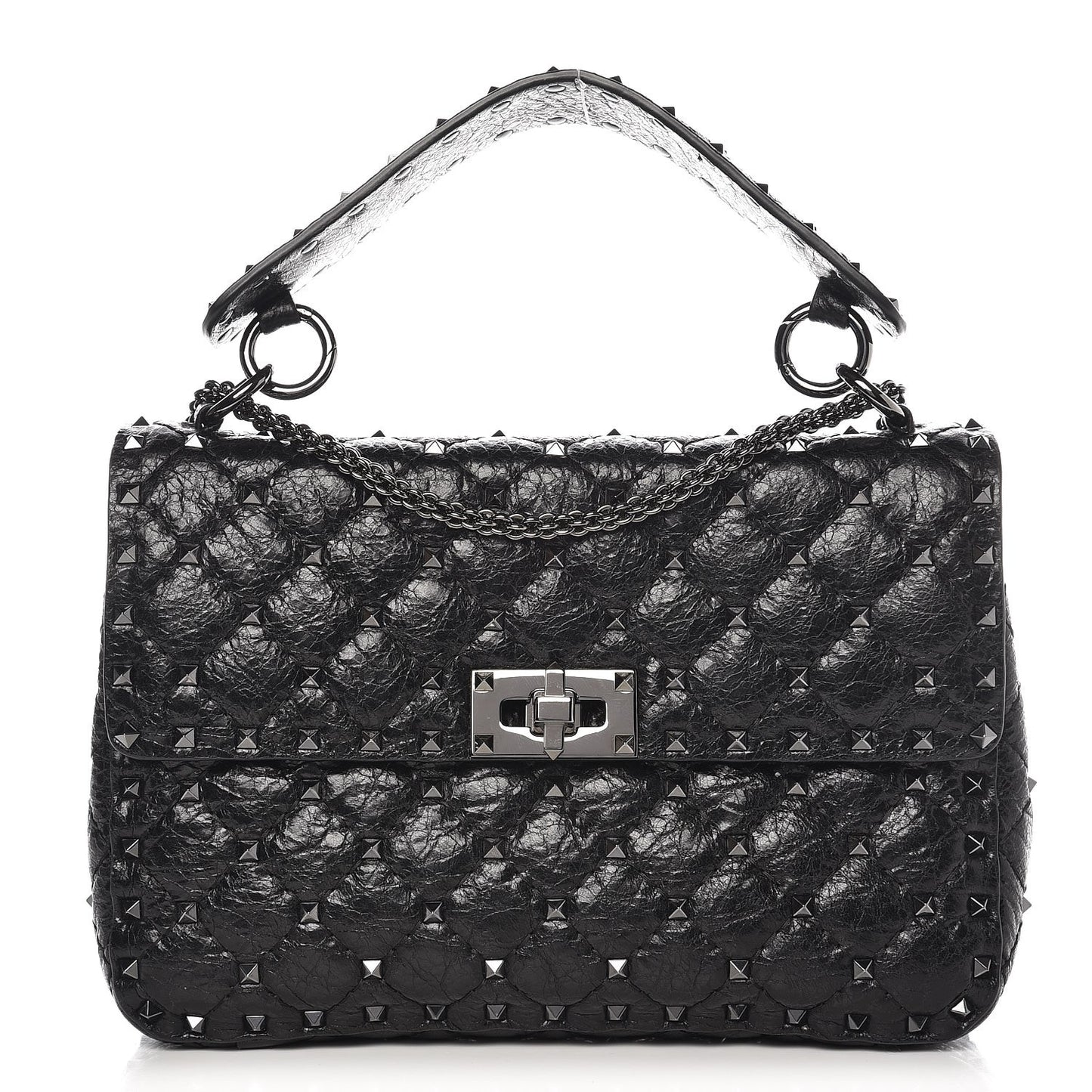 Craquele Nappa Medium Rockstud Spike Shoulder Bag Black