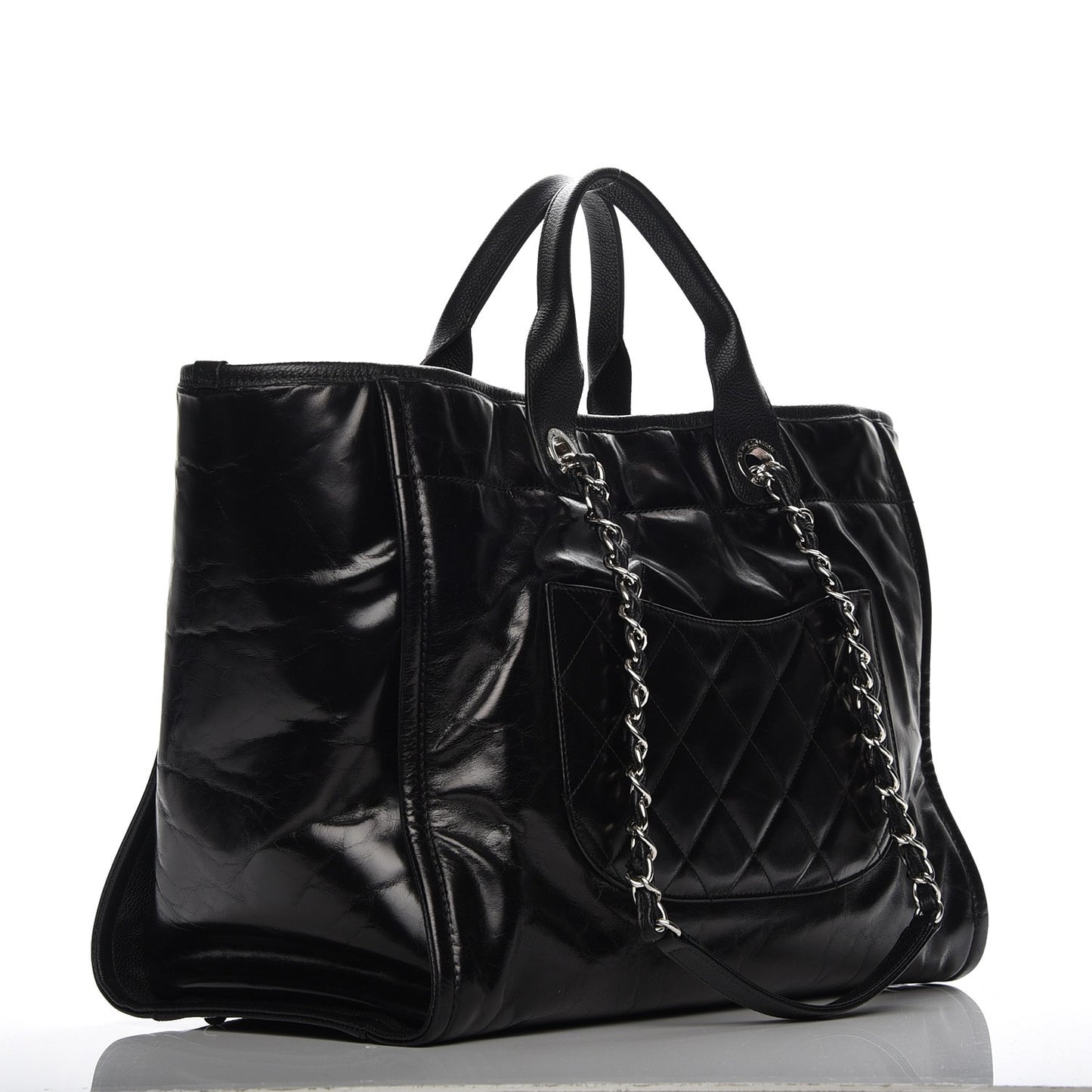 Glazed Calfskin Large Deauville Tote Black