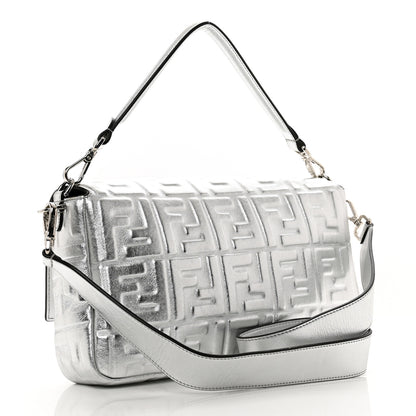 Fendi Vitello Catalan Mirror FF 1974 Embossed Large Baguette Argento 3 of 8