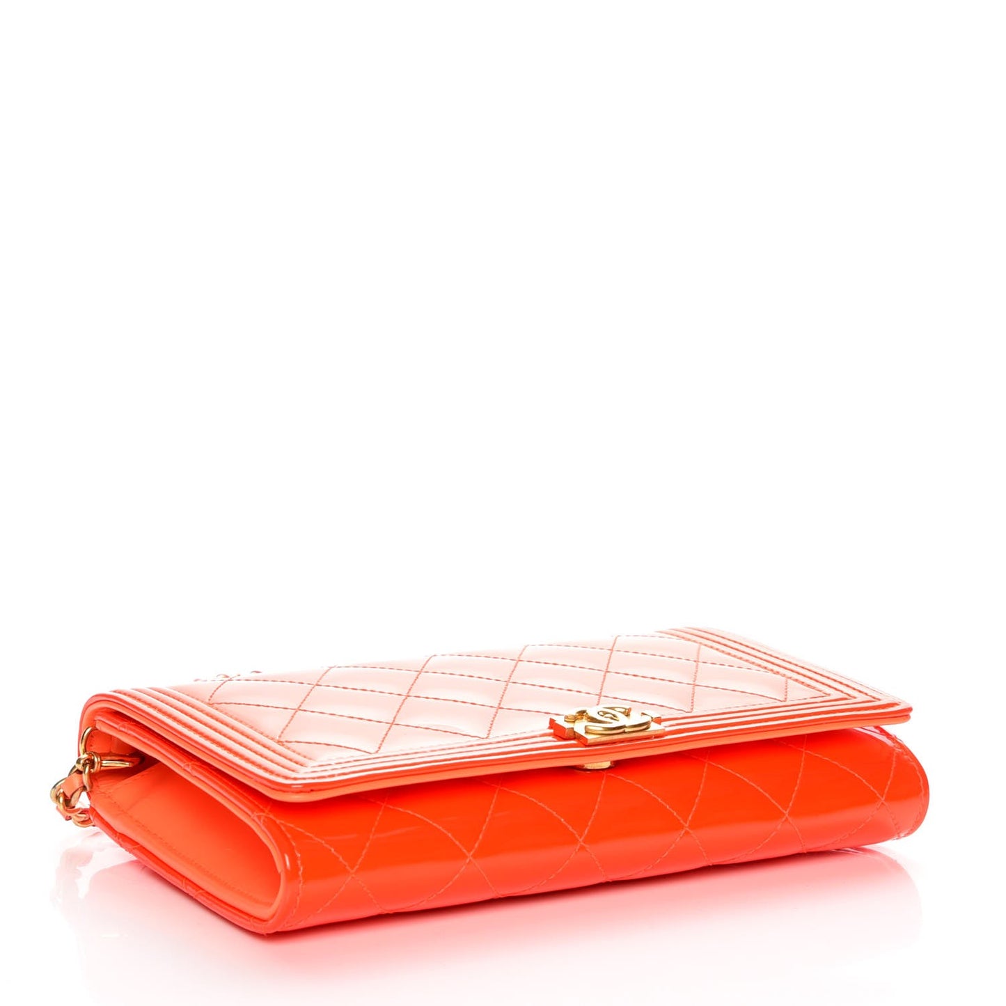 Patent Calfskin Quilted Boy Wallet on Removable Chain Orange
