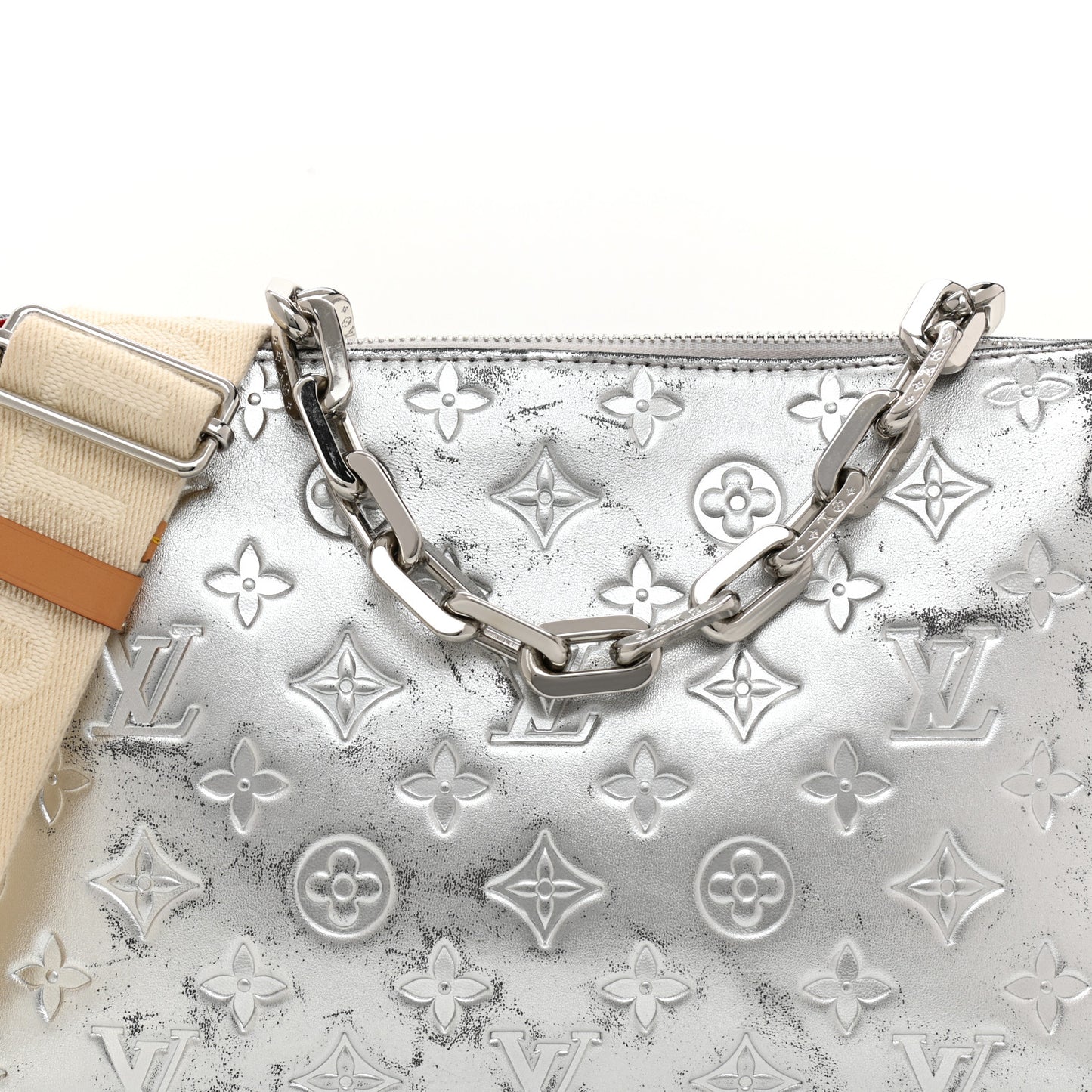 Metallic Lambskin Embossed Monogram Coussin PM Silver