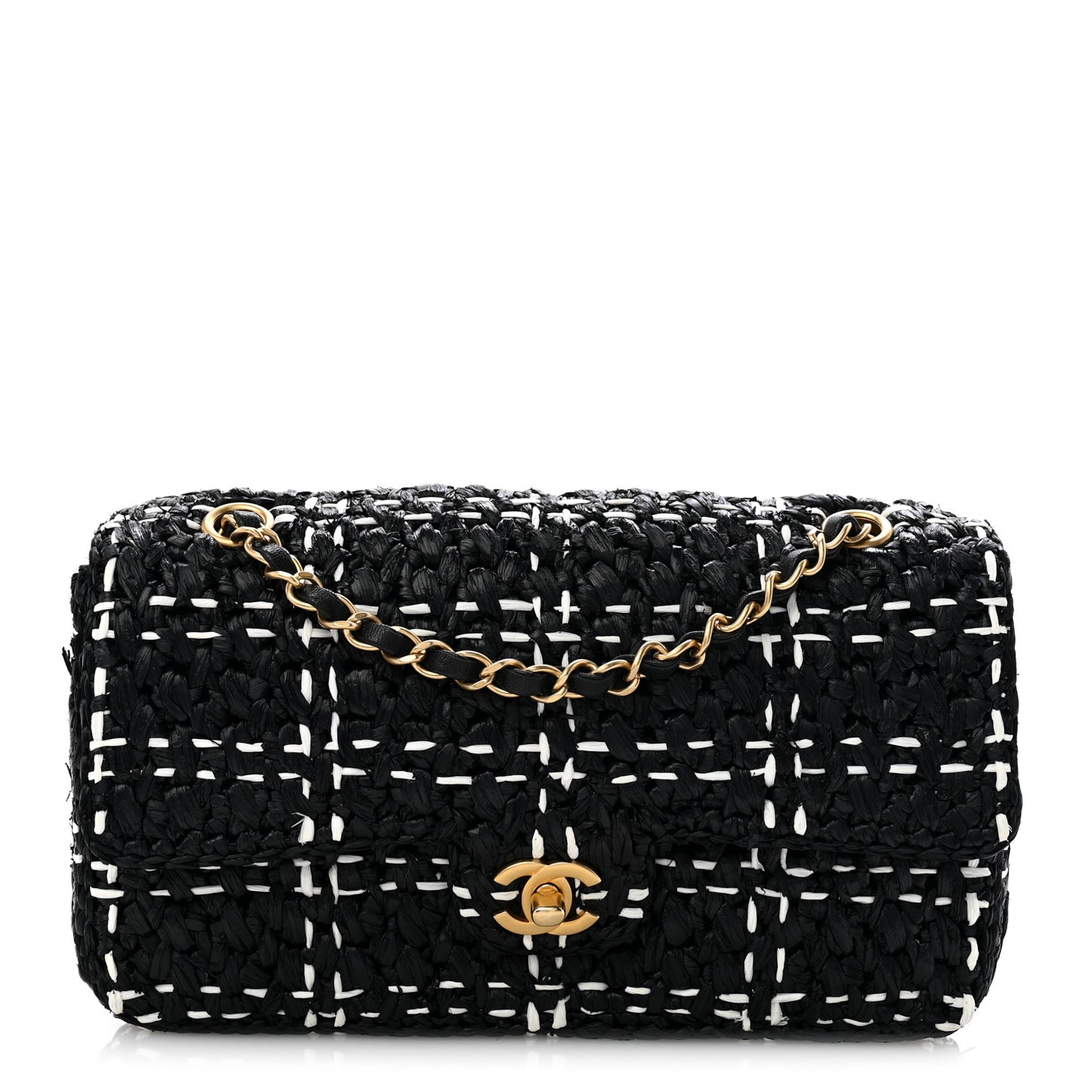 Raffia Effect Medium Tweedy Flap Bag Black White