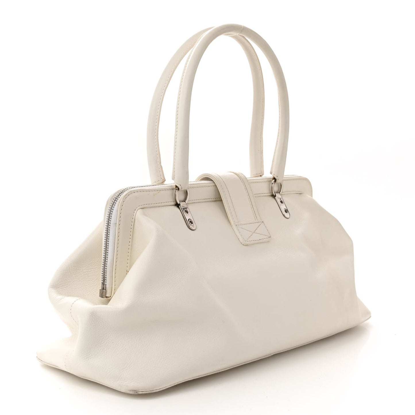 Calfskin Buckle Frame Satchel White