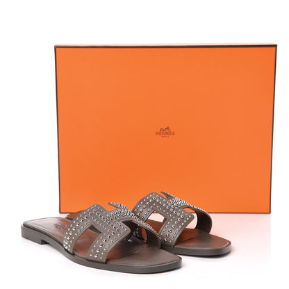 Hermes Calfskin Studded Oran Sandals 35.5 Gris Galet 9 of 9