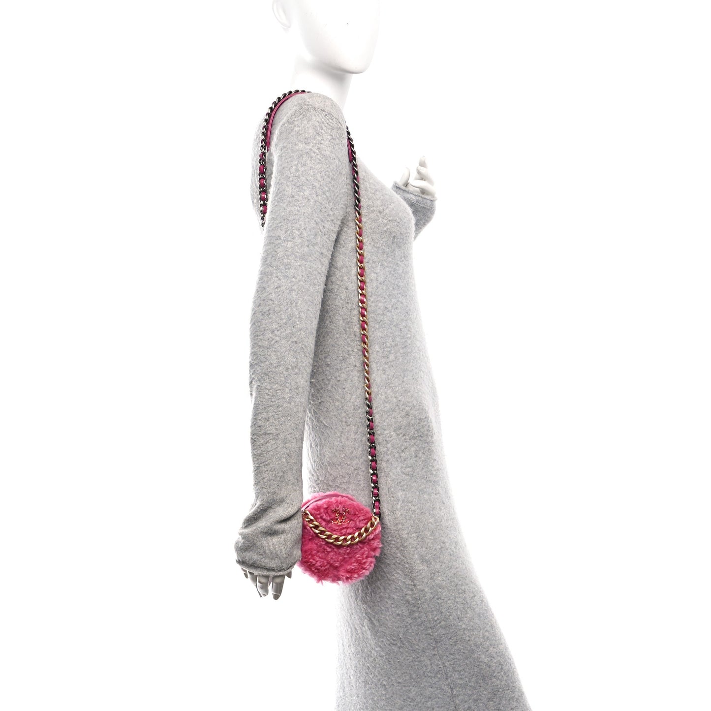 Shearling Sheepskin Chanel 19 Round Clutch With Chain Dark Pink