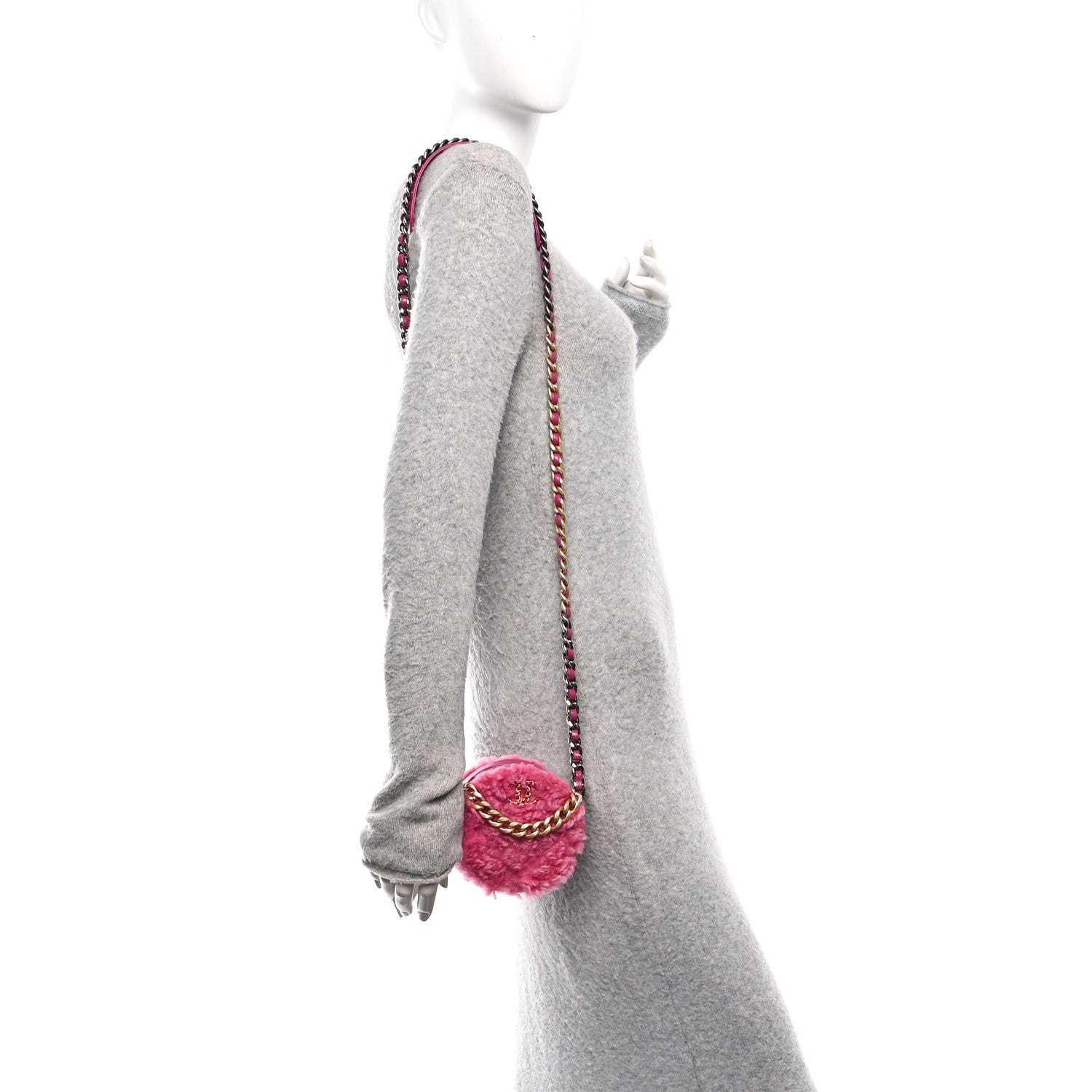 Chanel Shearling Sheepskin Chanel 19 Round Clutch With Chain Dark Pink 2 of 10