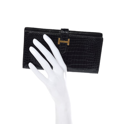 Hermes Shiny Porosus Crocodile Bearn Wallet Black 2 of 9