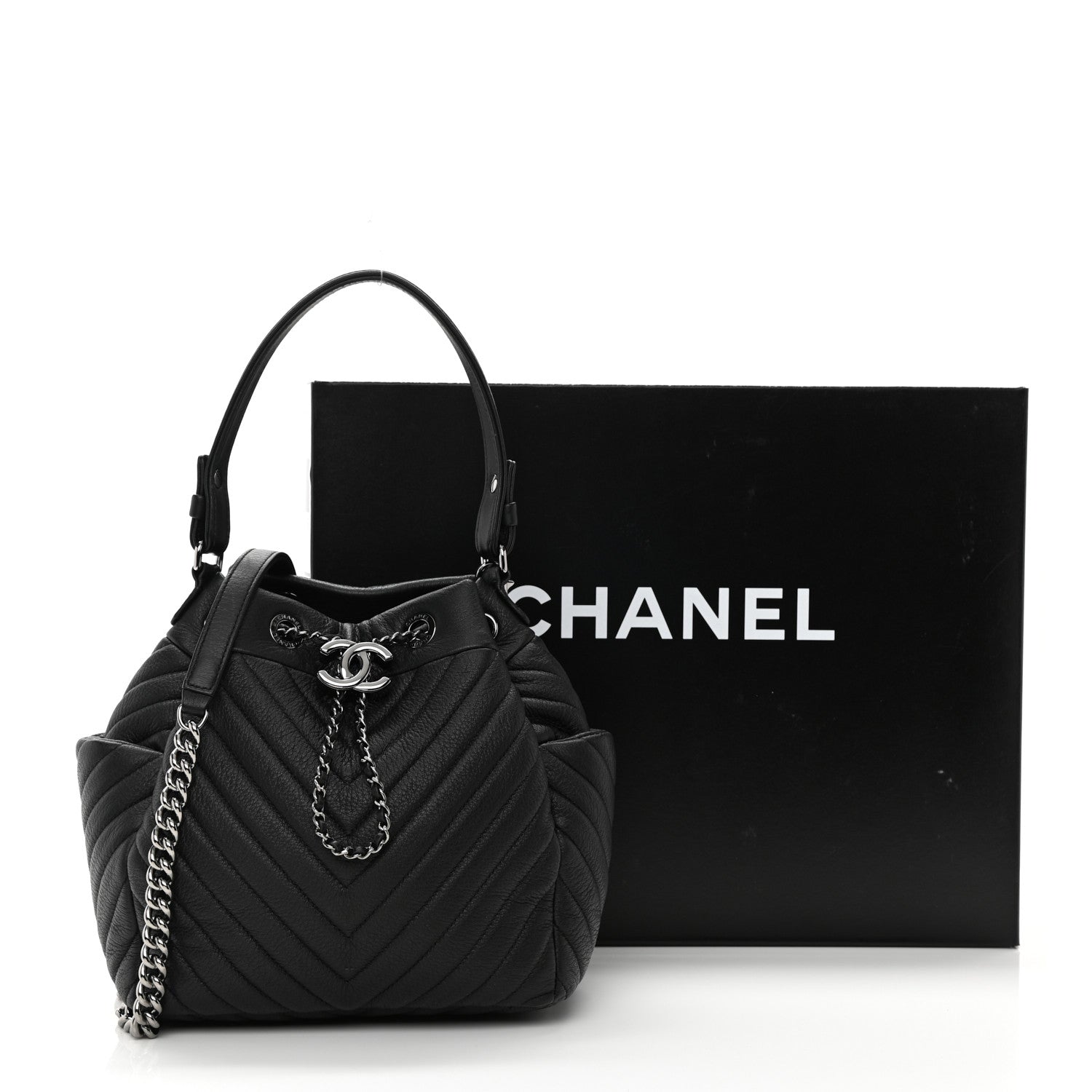 Chanel Deerskin Chevron Small CC Chain Bucket Drawstring Bag Black 10 of 10