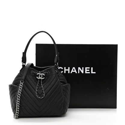 Chanel Deerskin Chevron Small CC Chain Bucket Drawstring Bag Black 10 of 10